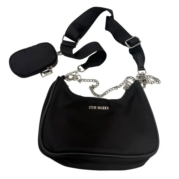 Steve Madden BVital Black Nylon Crossbody Bag with Detachable Pouch & Chain