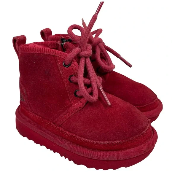 UGG Neumel II Chukka Boot Kids Toddler 6 Red Suede Lace Up Side Zip Boots Sherpa