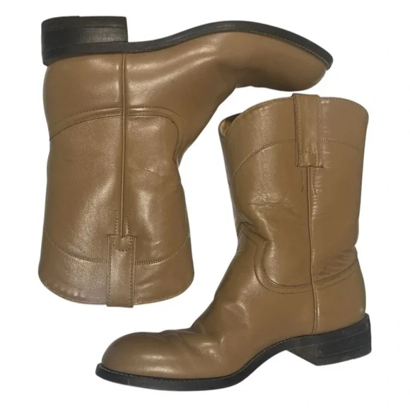 Justin Junior Western Boots Size 5.5 Tan Leather Mid Calf‎ Round Toe Cowboy