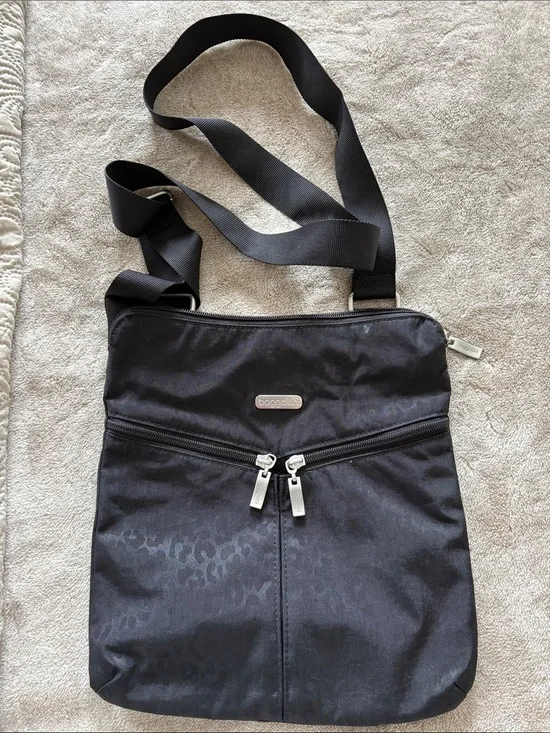 Baggallini Black Nylon Crossbody with Subtle Leopard Texture