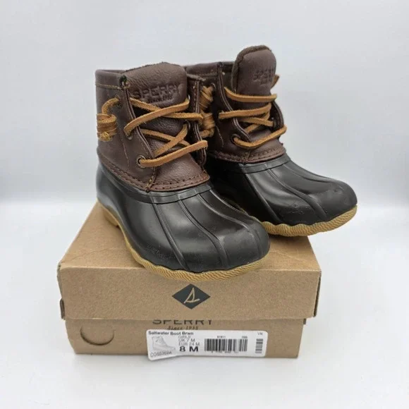 Sperry Saltwater Brown Duck Boots Girls Size 8 Ankle Side Zipper & LaceUp Shoes