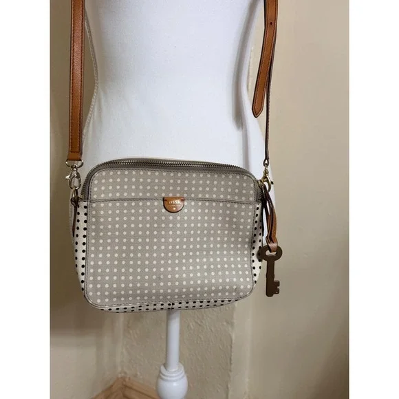 Fossil Polka Dot Coated Canvas Crossbody Bag Tan Leather Trim Triple Zip Pocket