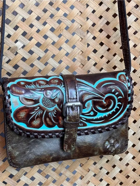 Patricia Nash Brown Leather Crossbody with Turquoise Tooled Floral