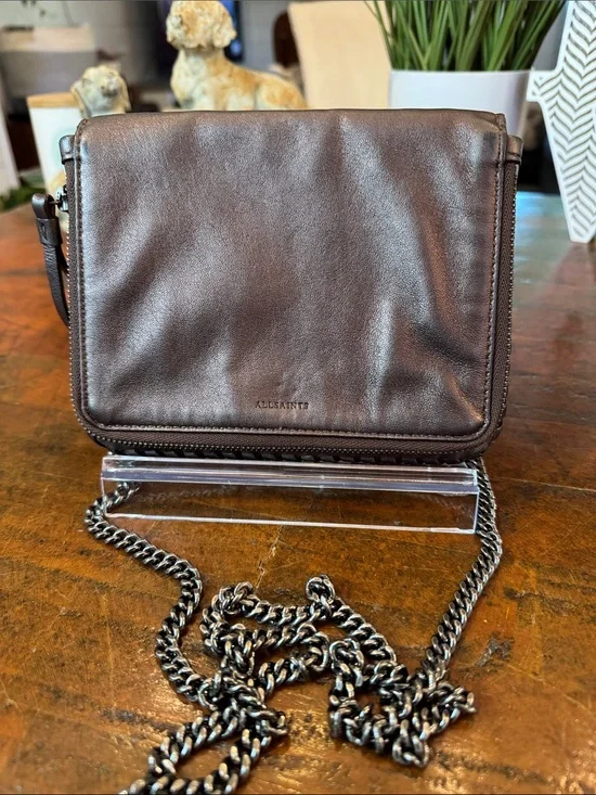 AllSaints Bronze Leather Crossbody Bag with Gunmetal Chain