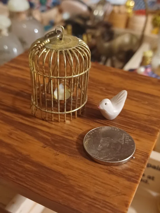 Miniature Brass Bird Cage Charm with White Ceramic Bird