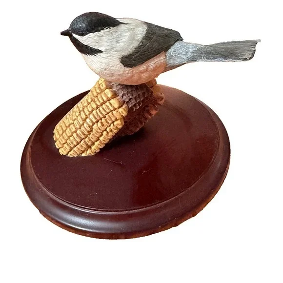 Vintage Black-Capped Chickadee Figurine on Corn Cob - Round Wood Base 6.5