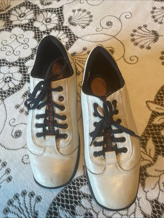 Gucci Vintage Unisex White Leather Lace-Up Sneakers Black Trim Signature Web