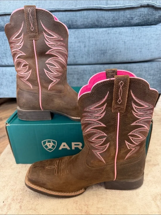 Ariat Kids Firecatcher Brown and Pink Western Cowgirl Boots