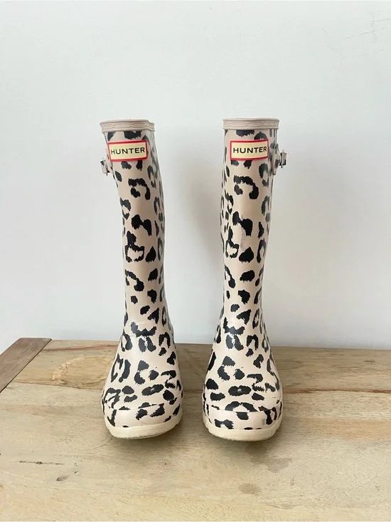 Hunter Kid’s Leopard Print Rain Boots - Beige/Black