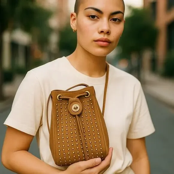 Ladies Tan Studded St Maartan Dallas Crossbody Bucket Drawstring Shoulder Bag