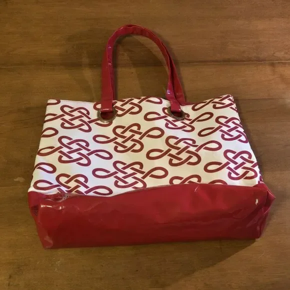 Estee Lauder Tote Bag, Red & White Faux Patent Leather & Canvas, 11.5 X 15