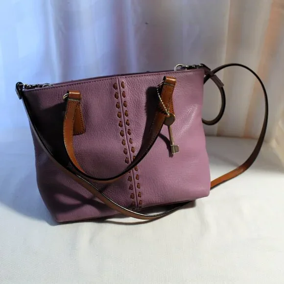FOSSIL Lavender Pebbled Leather Crossbody w/ Tan Leather Trim, EUC