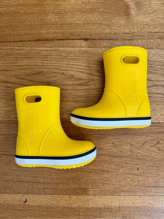 CROCS Kids' Bright Yellow Waterproof Rain Boots with Dark Blue & White Trim