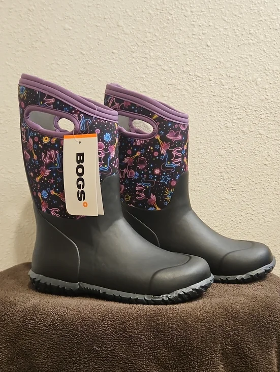 Bogs Black Rain Boots with Purple Unicorn Pattern