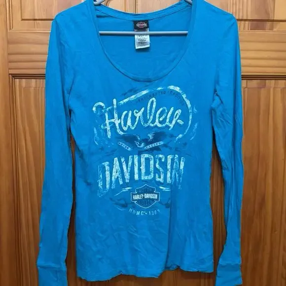Vintage  Blue Harley-Davidson Long-sleeved Shirt Size M