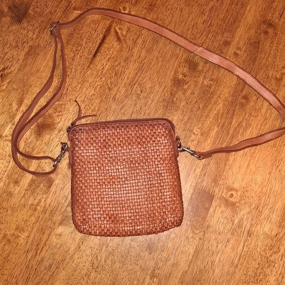 Harbour 2nd Square Woven Front Leather Crossbody Purse Handbag Cognac