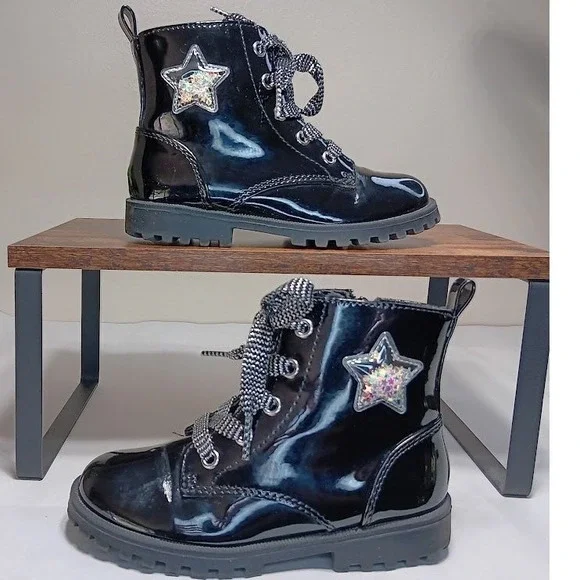 Joie Patent Combat Boots Kids 10 Black Good Glitter Star Lug Sole‎ Side Zip