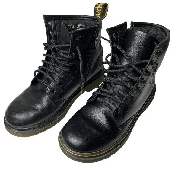 Dr. Martens Zavala J Youth Side Zip Combat Black Boots Sz 3 Kids‎ Moto Utility