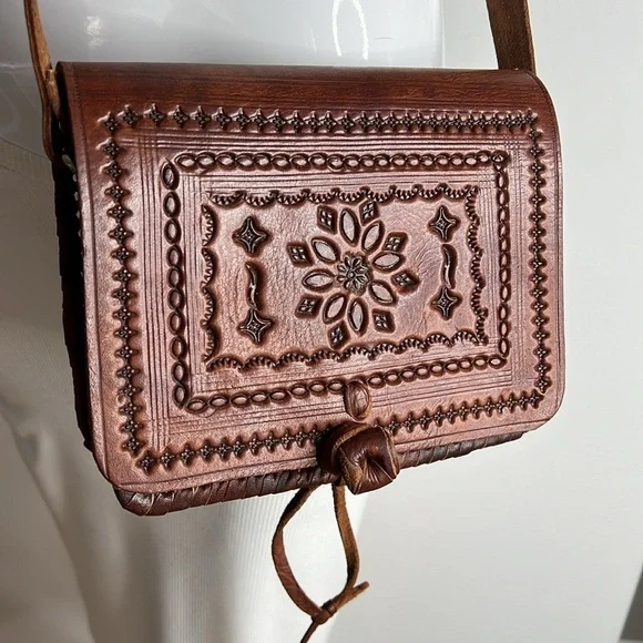 Morocco Sahara Bohemian Hand Tooled Leather Double Compartment Crossbody Bag