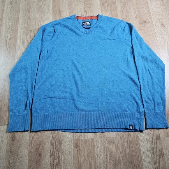 The North Face Sweater Mens Large‎ Blue Wool Blend V Neck Lightweight Pullover
