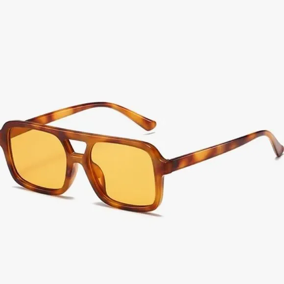 Double Bridge Tortoise Brown Amber Orange Rectangle Sunglasses Retro Unisex