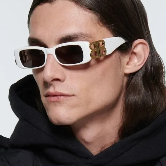 SALE! NEW Balenciaga BB0096S 011 White Gold Grey Rectangle Unisex Sunglasses