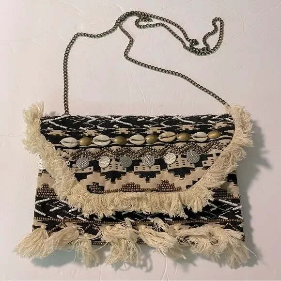 Express Boho Beaded Crossbody Envelope Bag Purse Fringe Seashells medallion