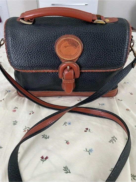 Dooney & Bourke Black Pebbled Leather Crossbody with Brown Trim