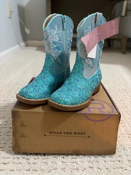 Roper Turquoise Floral Glitter Kids Western Boots