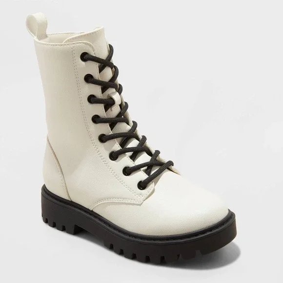 Art Class Khari Lace-Up Combat Boots Kids Size 1 Cream Faux Leather NIB