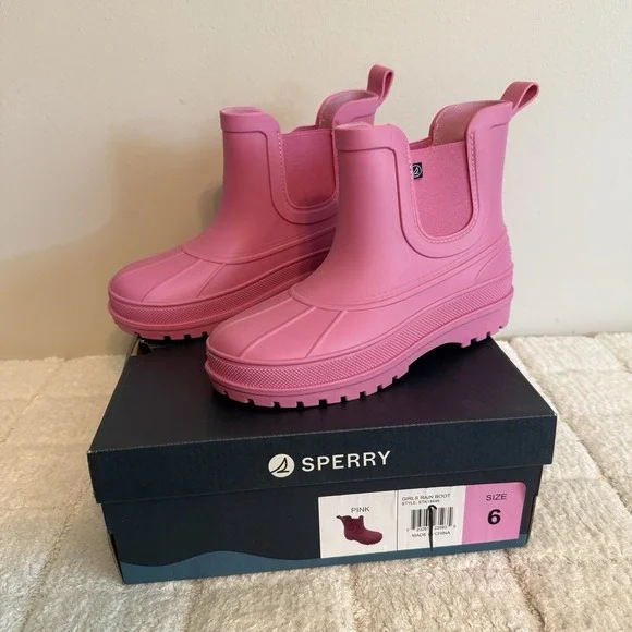 Sperry Girls Chelsea Pink Rain Boots Size 6 Weatherproof Slip-on Durable