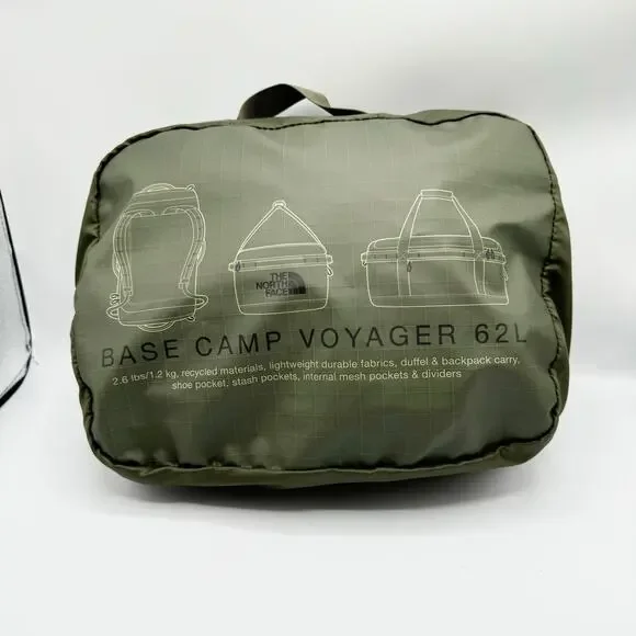 North Face Base Camp Voyager Duffel Backpack 62L Taupe Olive Green TNF Black