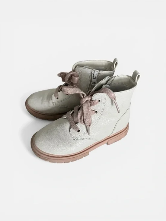 Cat & Jack Cream Leather Ankle Boots with Pink Laces