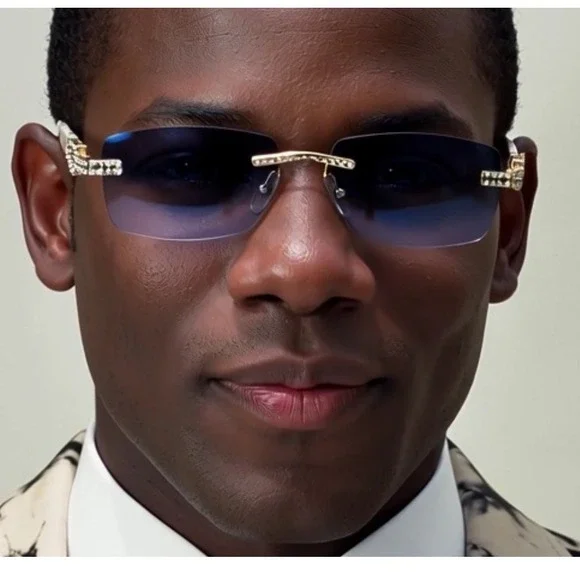 Diamond Rimless Men Sunglasses Blue Lens Rhinestone Accents Square Street Wear‎