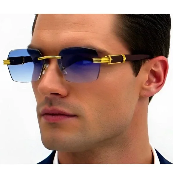 Rimless Sunglasses Men Designer Luxury Gold Frame Blue Lens Fashion Shades Gafas