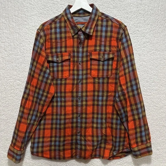 The North Face Mens Large Flannel Button-Up‎ Plaid Shirt Orange/Blue Outdoor