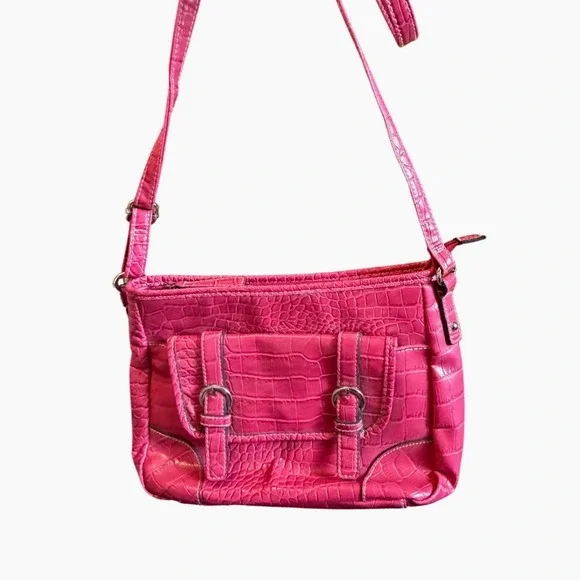 Croft & Barrow Hot‎ Pink Croc Embossed Crossbody Bag Buckle Detail Pocket