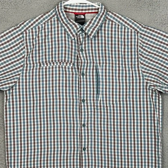 The North Face Shirt Men Large Teal Brown Plaid Button Up Hiking Outdoor Stretch
