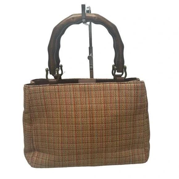Fossil Purse Bamboo Handle Woven Fabric 3 pocket Handbag 11‎ x 4 x 8