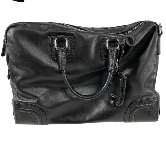 Tumi Black Leather Satchel Shoulder Bag Crossbody Top Zip Luggage‎ Tag Crocodile