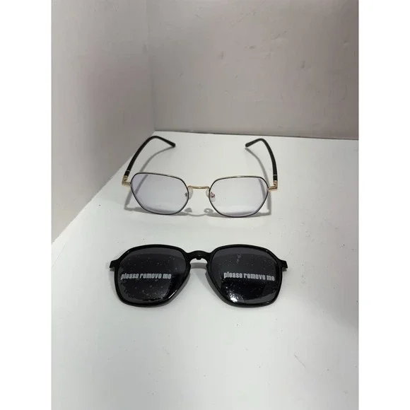 ZENNI Black & Gold Trim Metal Frames With Magnetic Sun Shades 5860921 Geometric