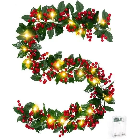 5.6Ft Christmas Holly Red‎ Berry Realistic Garland for Indoor/Outdoor Decor