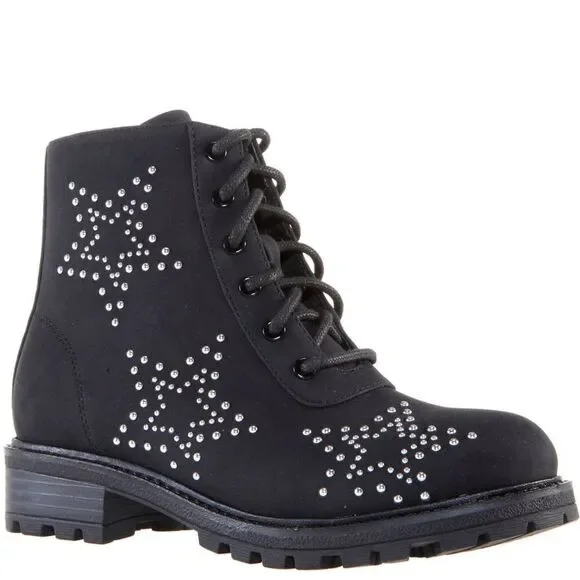 Kids Black Star Studded Combat Boots Size 11