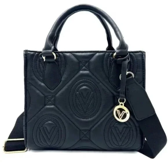 Vince Camuto Black Quilted Leather Satchel with Gold Charm