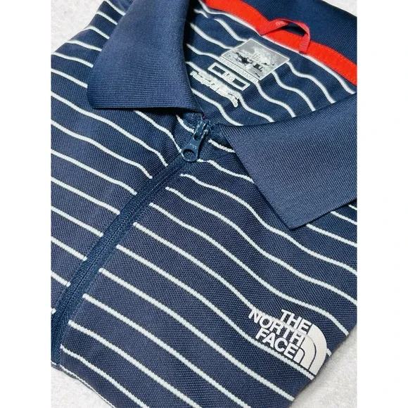 The North Face Mesh Polo Shirt Mens L Navy Blue Striped Coolmax 1/4Zip Excellent