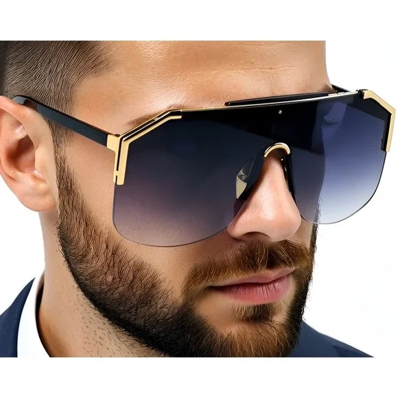 Shield Sunglasses Gold Accents Single‎ Black Lens Miami Beach Style Trendy Gafas