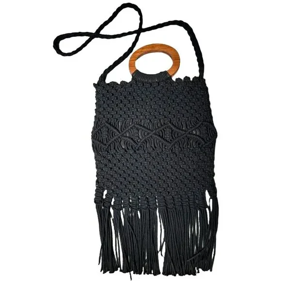 Danielle Nicole Boho Hippie Black Macrame Wooden Handle Crossbody fringe Bag‎