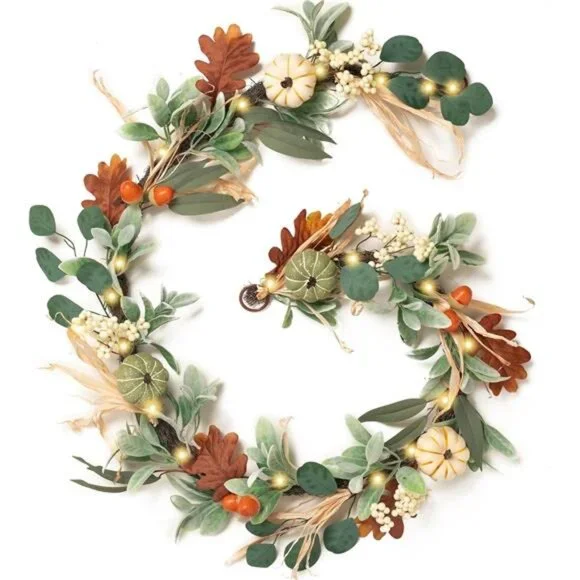 6ft Fall Garland with‎ Pumpkins & Lights for Mantel, Autumn Thanksgiving Decor