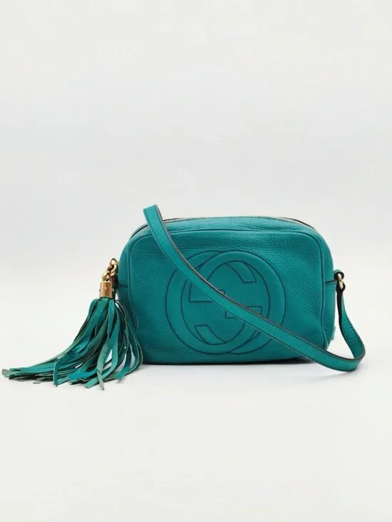 Gucci Soho Disco Leather Crossbody Bag Turquoise Tassel Zip Camera Bag Auth