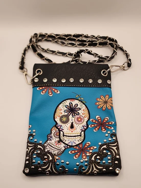 Blue Sugar Skull Crossbody Bag with Studded Chain